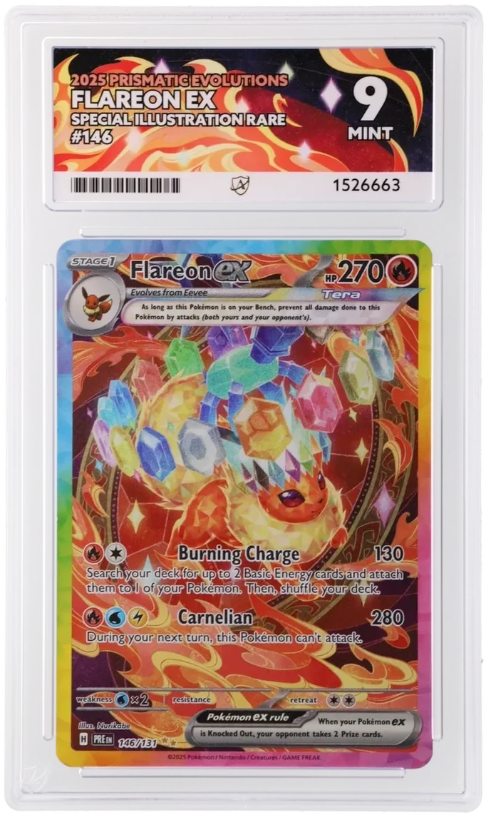 Referentieafbeelding Flareon ex 146/131 uit Prismatic Evolutions Holo Mint conditie Pokémon kaart productfoto