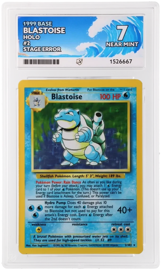 Referentieafbeelding Blastoise Stage Error 2/102 uit Base Set Holo Near Mint conditie Pokémon kaart productfoto