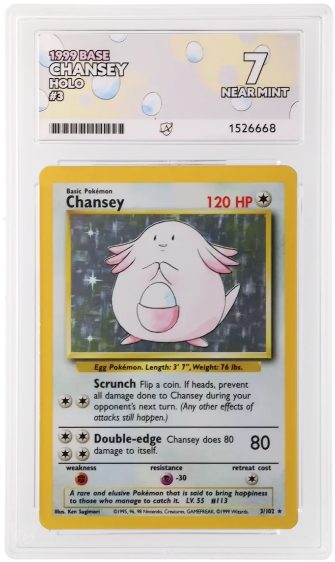 Referentieafbeelding Chansey 3/102 uit Base Set Holo Near Mint conditie Pokémon kaart productfoto