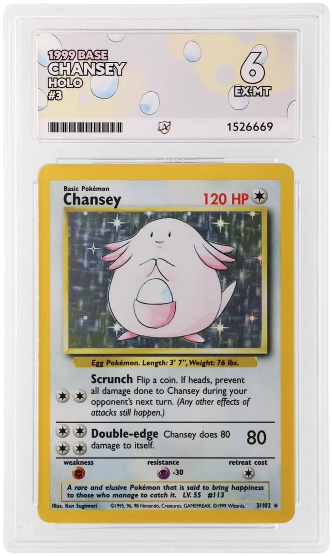 Referentieafbeelding Chansey 3/102 uit Base Set Holo Excellent + conditie Pokémon kaart productfoto EX+ 2