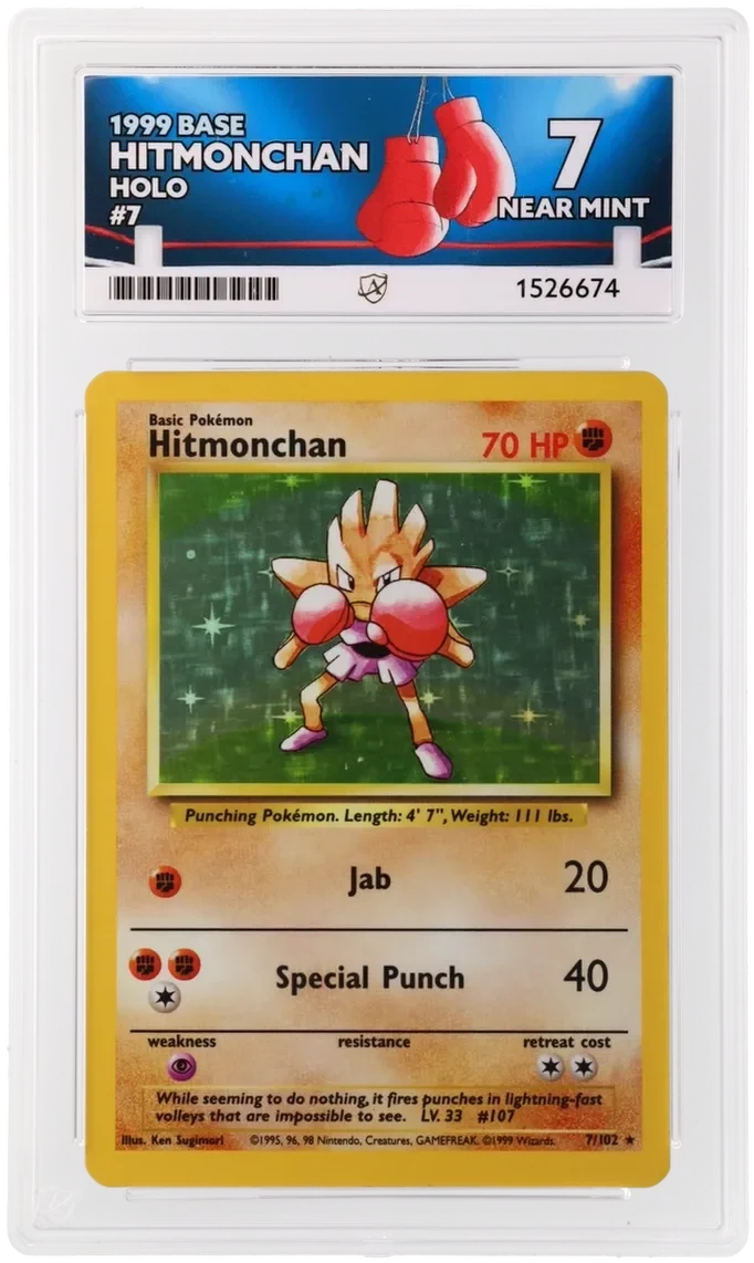 Referentieafbeelding Hitmonchan 7/102 uit Base Set Holo Near Mint conditie Pokémon kaart productfoto