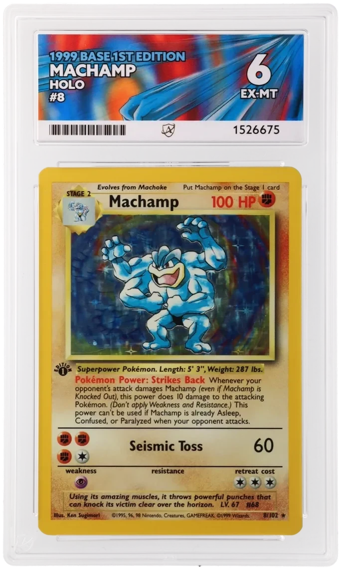 Referentieafbeelding Machamp 8/102 uit Base Set 1e editie Excellent + conditie Pokémon kaart productfoto