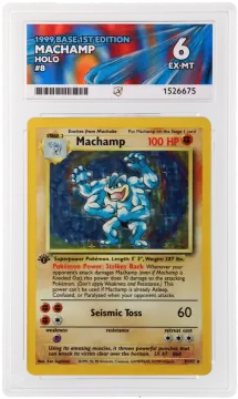 Referentieafbeelding Machamp 8/102 uit Base Set 1e editie Excellent + conditie Pokémon kaart productfoto