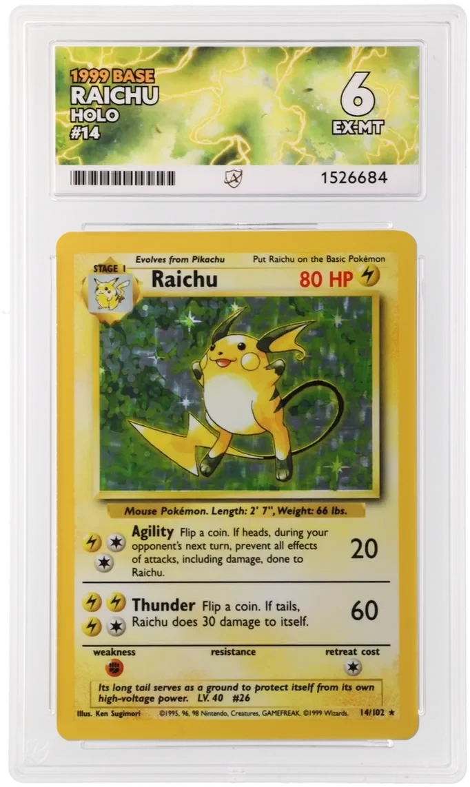 Referentieafbeelding Raichu 14/102 uit Base Set Holo Excellent + conditie Pokémon kaart productfoto