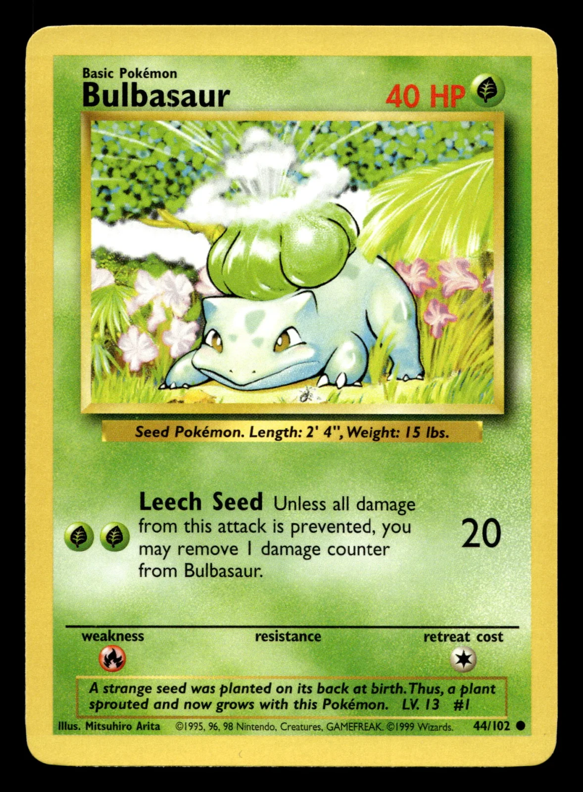 Voorkant Bulbasaur 44/102 uit Base Set Common Near Mint - conditie Pokémon kaart productfoto NM- 5/8