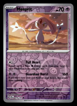 Voorkant Mesprit 79/191 uit Surging Sparks Common Near Mint conditie Pokémon kaart productfoto