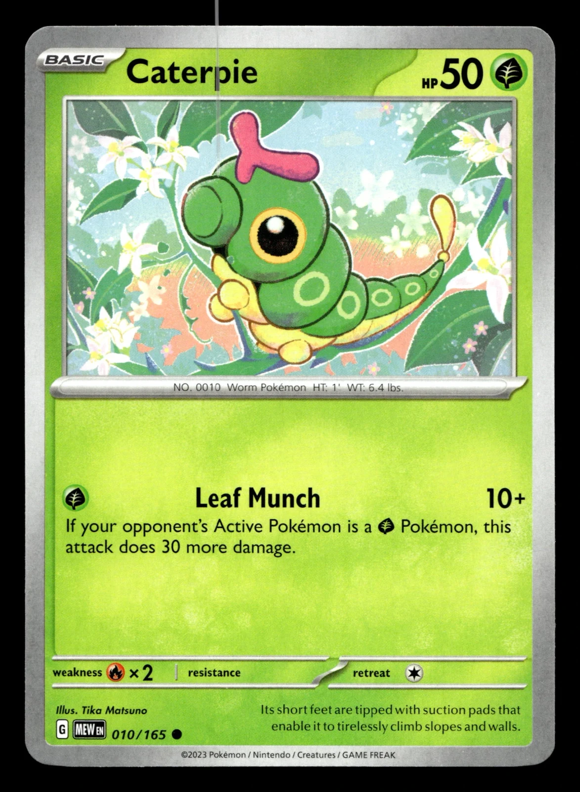 Voorkant Caterpie 10/165 uit 151 Common Near Mint conditie Pokémon kaart productfoto