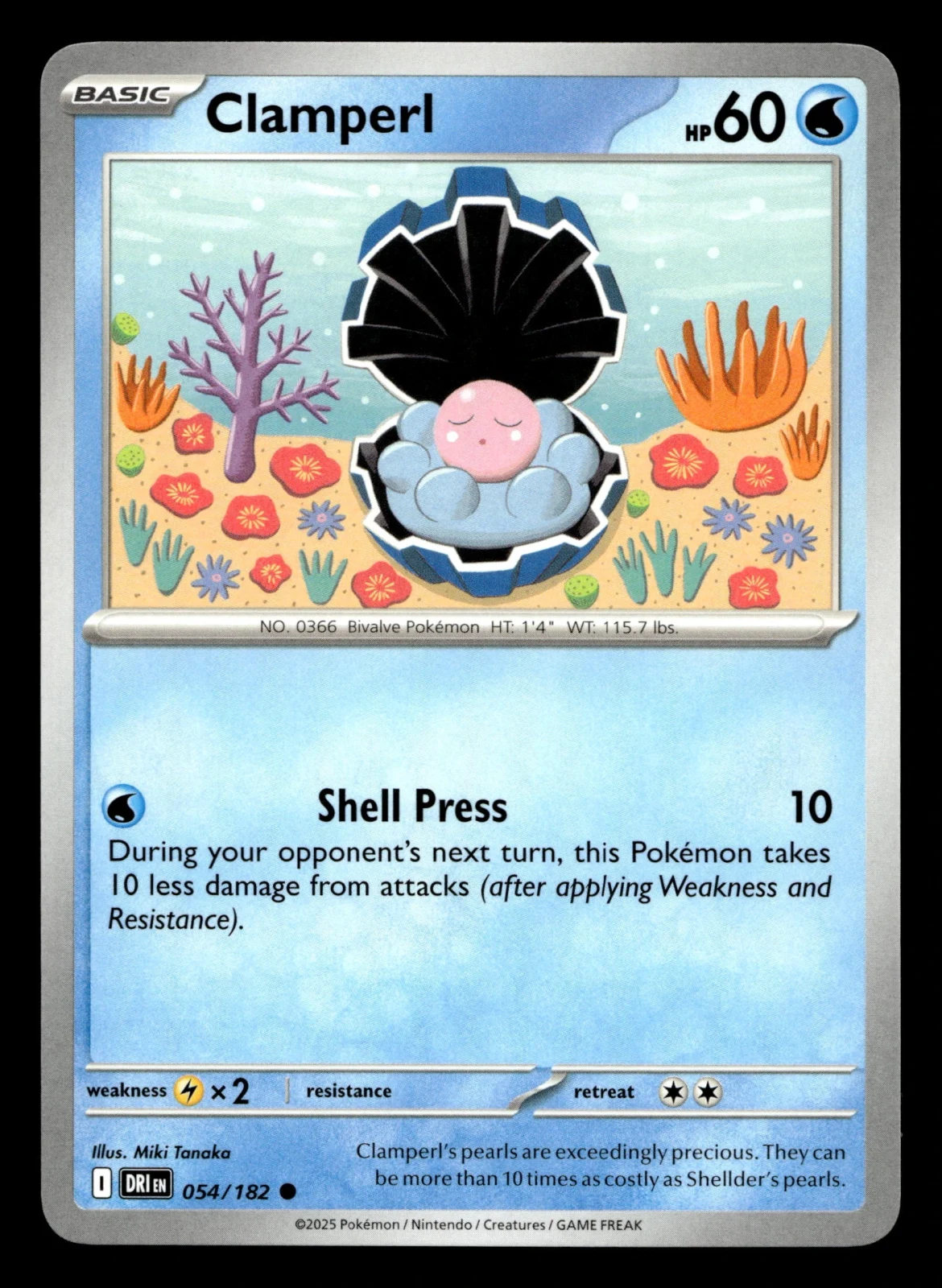 Voorkant Clamperl 54/182 uit Destined Rivals Common Near Mint conditie Pokémon kaart productfoto