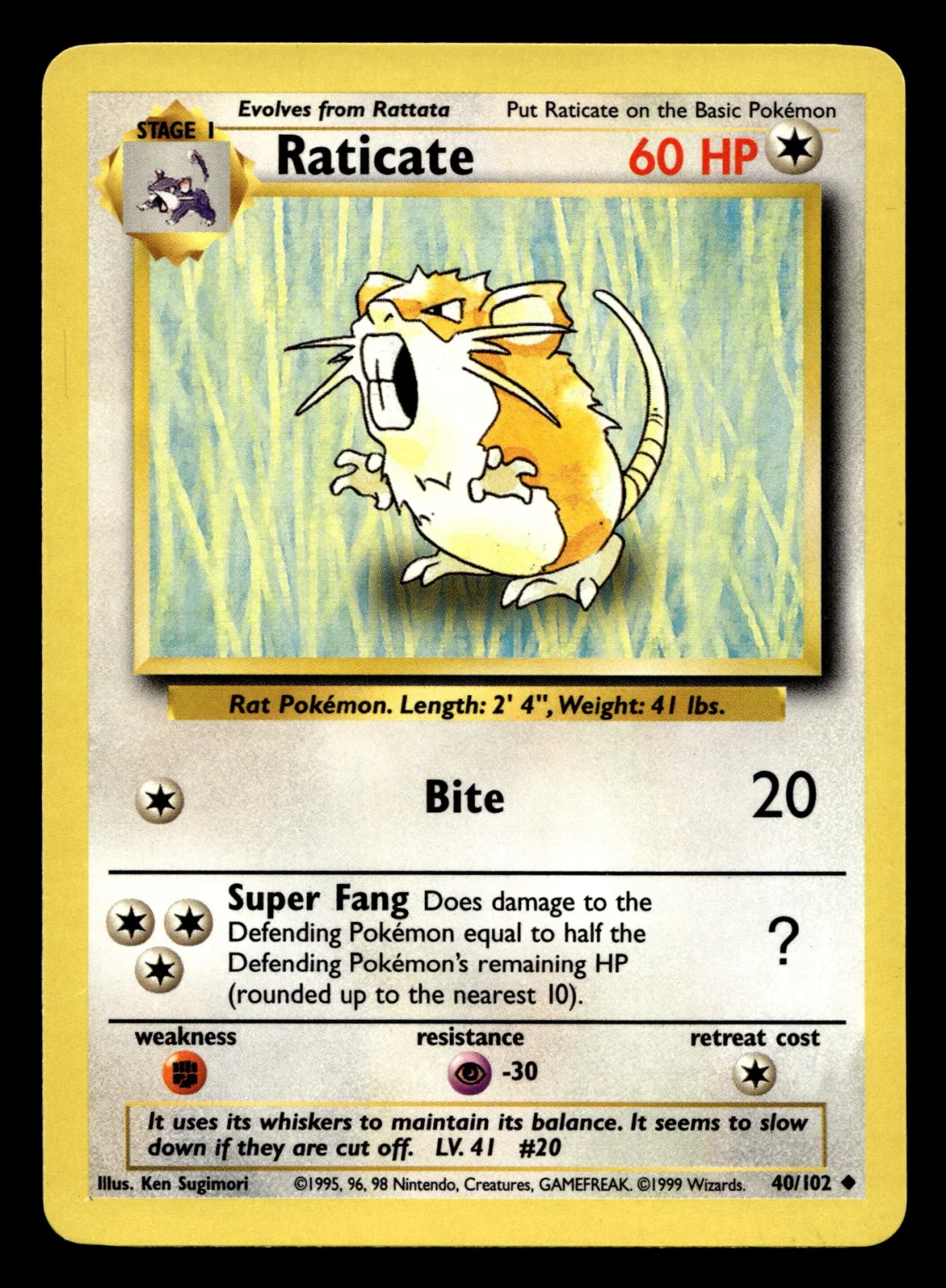 Voorkant Raticate 40/102 uit Base Set Uncommon Near Mint - conditie Pokémon kaart productfoto NM- 1