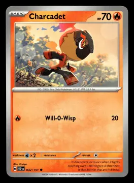 Voorkant Charcadet 32/191 uit Surging Sparks Common Near Mint conditie Pokémon kaart productfoto
