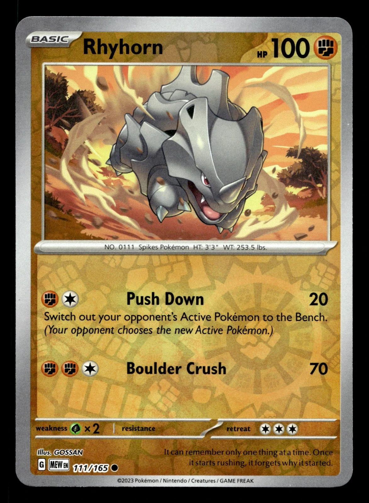 Voorkant Rhyhorn 111/165 uit 151 Common Near Mint conditie Pokémon kaart productfoto