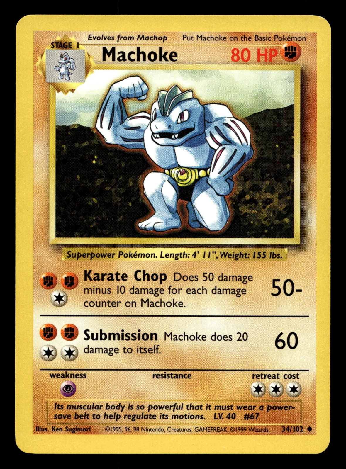 Voorkant Machoke 34/102 uit Base Set Uncommon Excellent + conditie Pokémon kaart productfoto EX+ 1/3