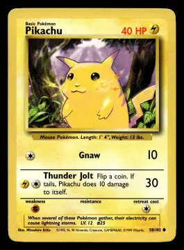 Voorkant Pikachu 58/102 uit Base Set Common Excellent + conditie Pokémon kaart productfoto EX+ 3/3