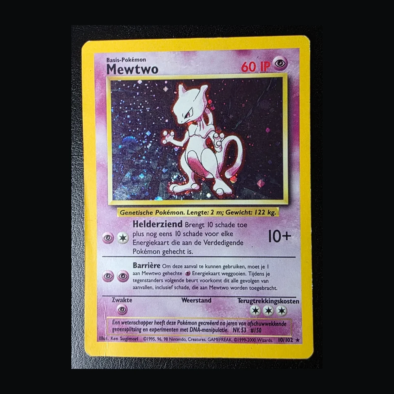 Referentieafbeelding Mewtwo 10/102 uit Base Set Rare Holo Light Played conditie Pokémon kaart productfoto LP 3