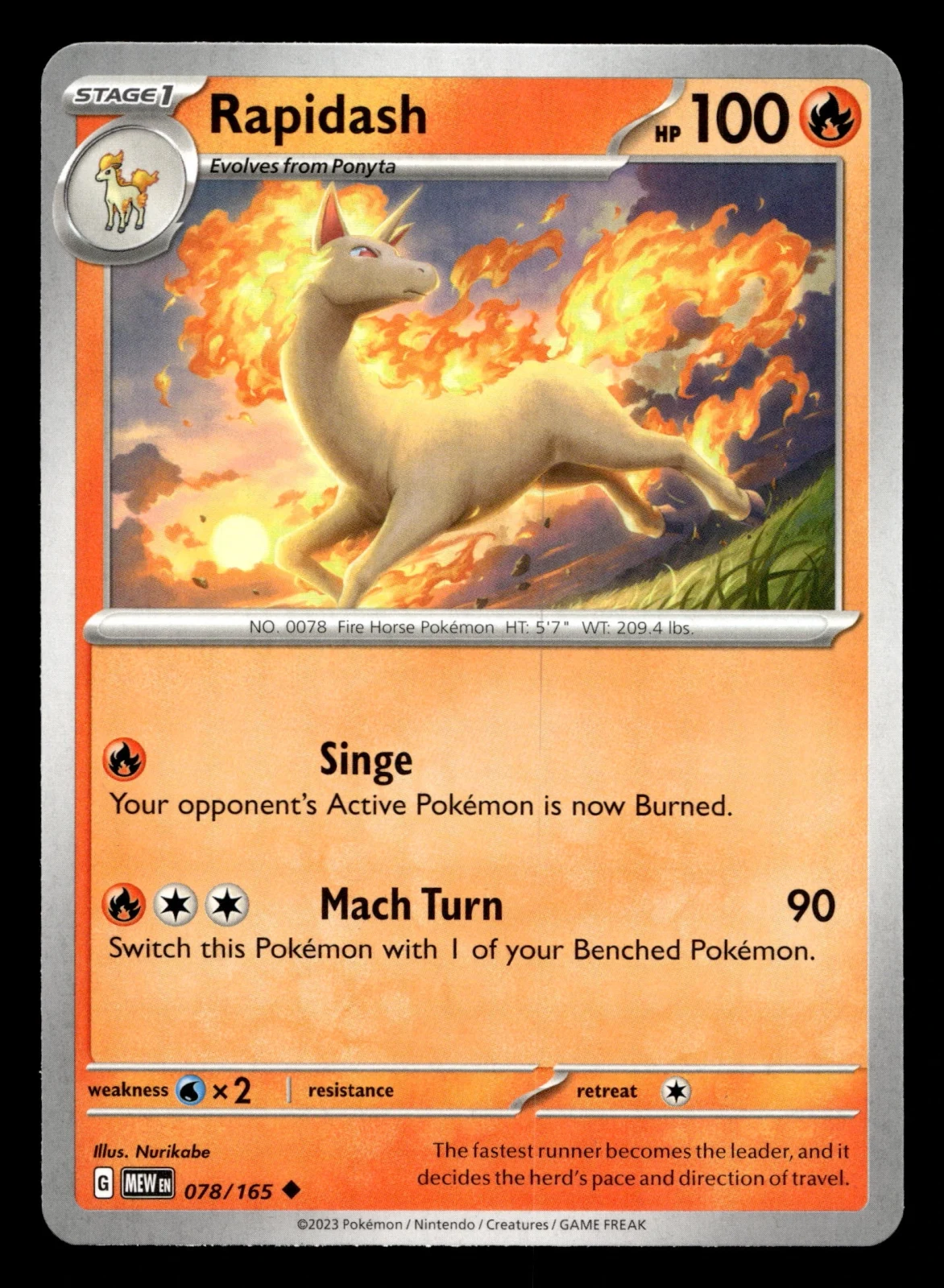 Voorkant Rapidash 78/165 uit 151 Uncommon Near Mint conditie Pokémon kaart productfoto