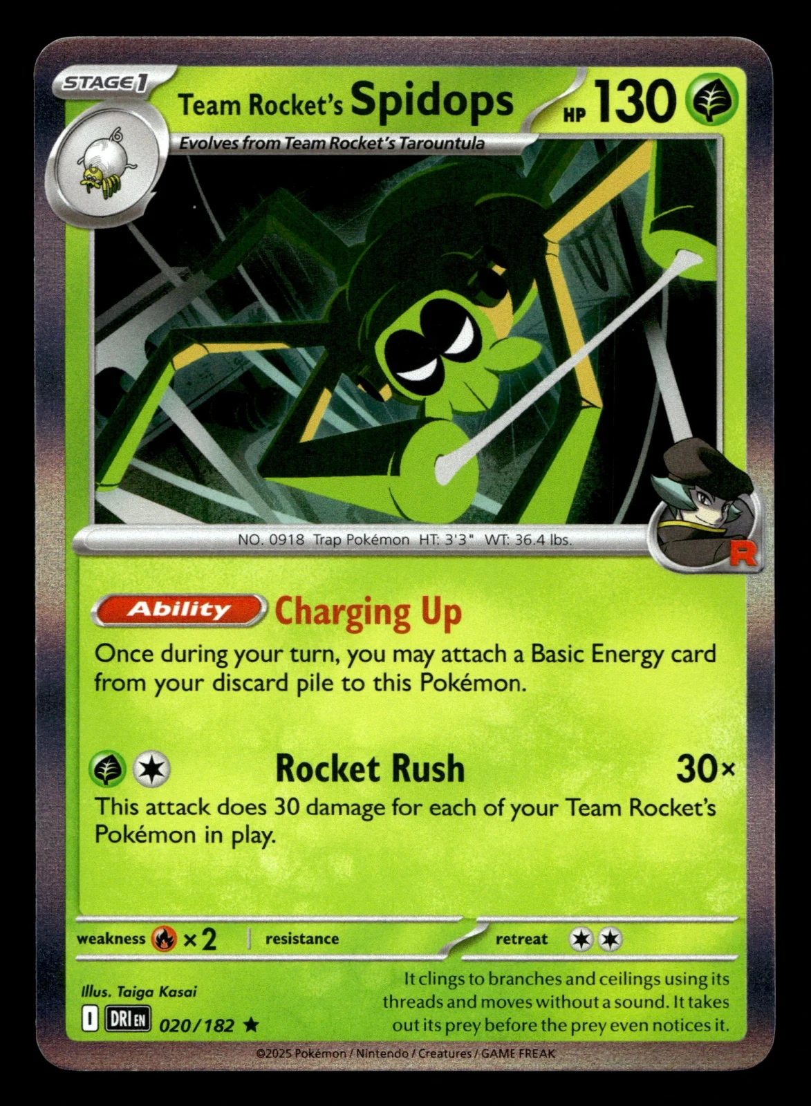 Voorkant Team Rocket's Spidops 20/182 uit Destined Rivals Rare Near Mint conditie Pokémon kaart productfoto