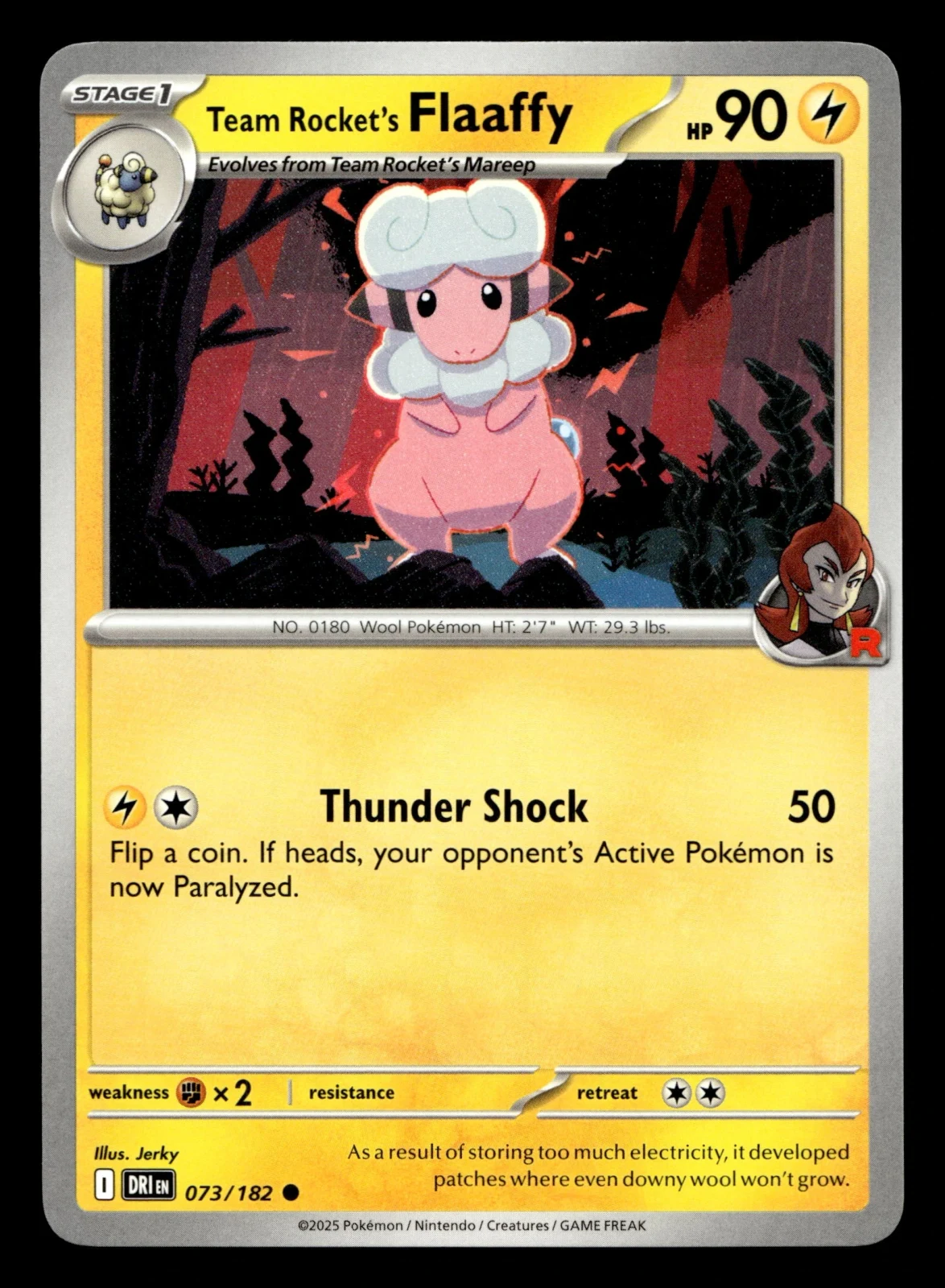 Voorkant Team Rocket's Flaaffy 73/182 uit Destined Rivals Common Near Mint conditie Pokémon kaart productfoto