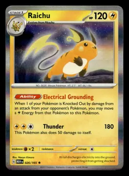 Voorkant Raichu 26/165 uit 151 Rare Near Mint conditie Pokémon kaart productfoto