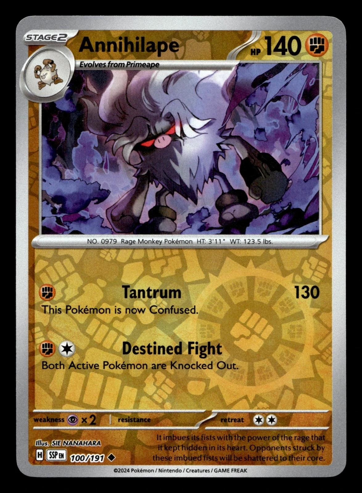 Voorkant Annihilape 100/191 uit Surging Sparks Uncommon Near Mint conditie Pokémon kaart productfoto