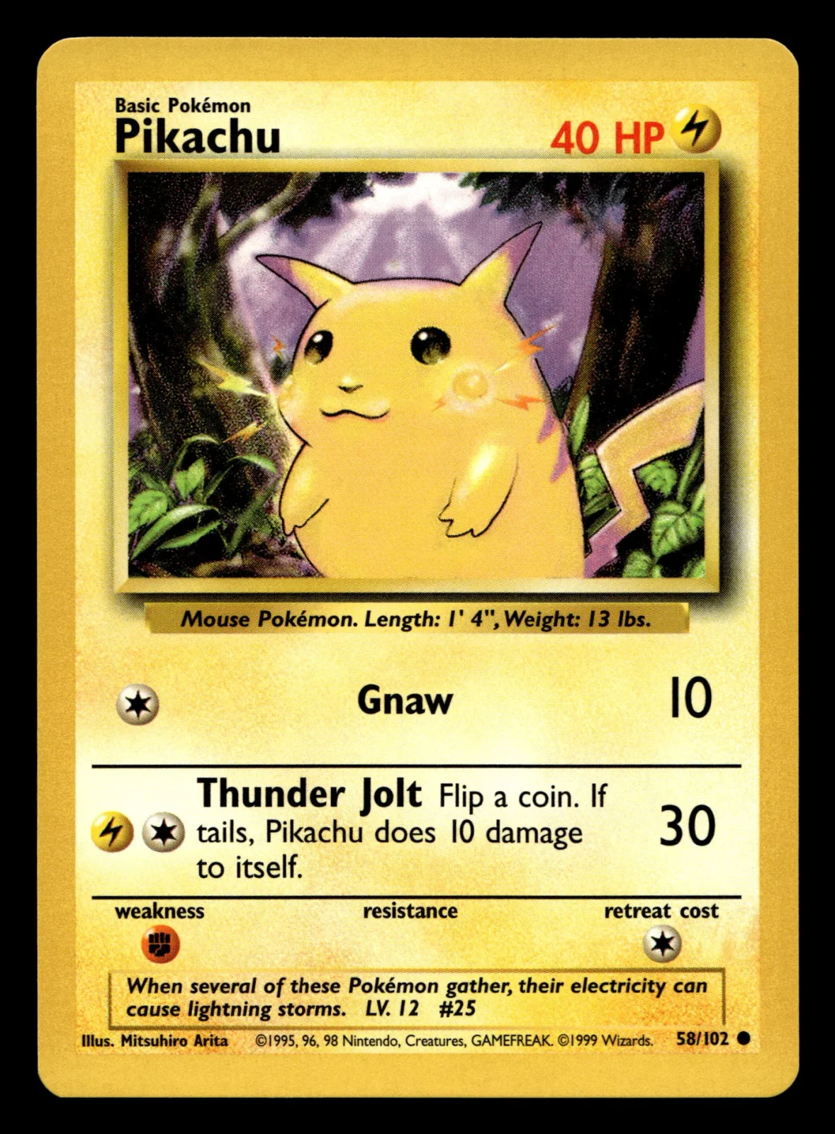 Voorkant Pikachu 58/102 uit Base Set Common Near Mint - conditie Pokémon kaart productfoto NM- 1