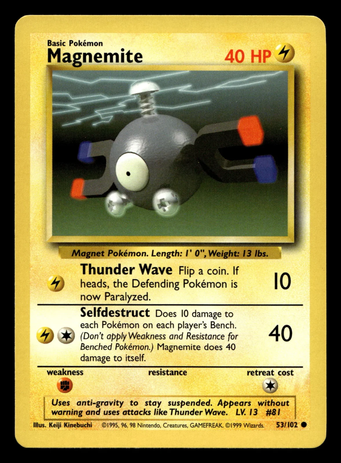 Voorkant Magnemite 53/102 uit Base Set Common Near Mint + conditie Pokémon kaart productfoto NM+ 1