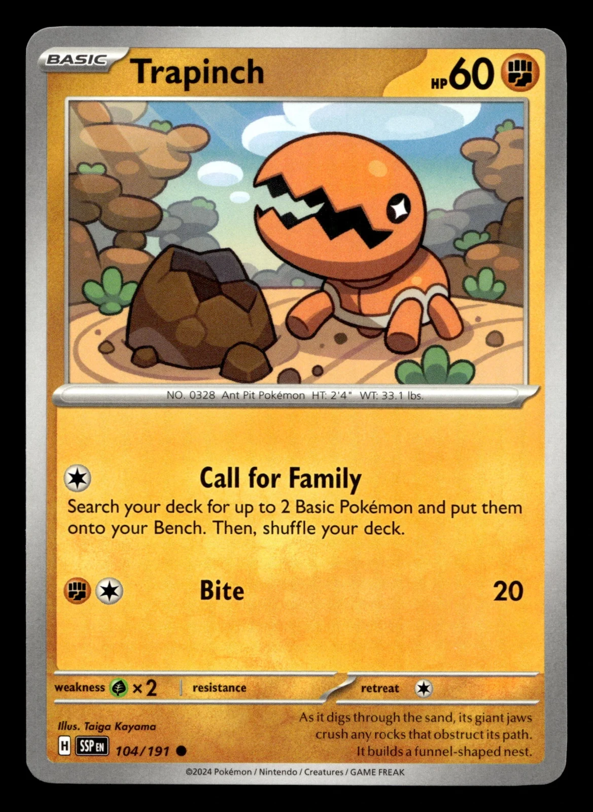 Voorkant Trapinch 104/191 uit Surging Sparks Common Near Mint conditie Pokémon kaart productfoto