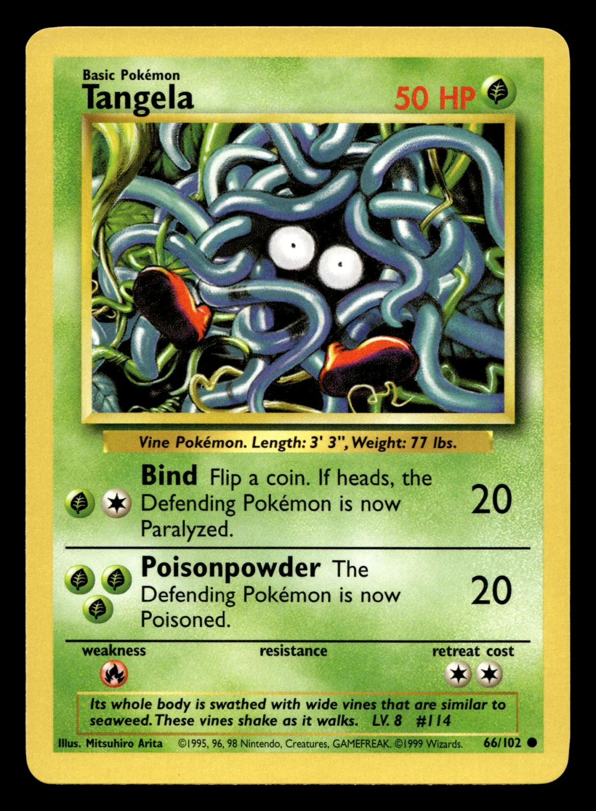 Voorkant Tangela 66/102 uit Base Set Common Excellent + conditie Pokémon kaart productfoto EX+ 1/2