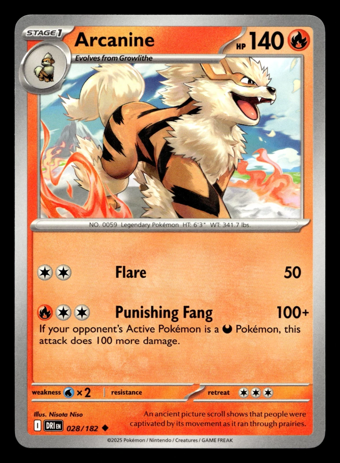 Voorkant Arcanine 28/182 uit Destined Rivals Uncommon Near Mint conditie Pokémon kaart productfoto