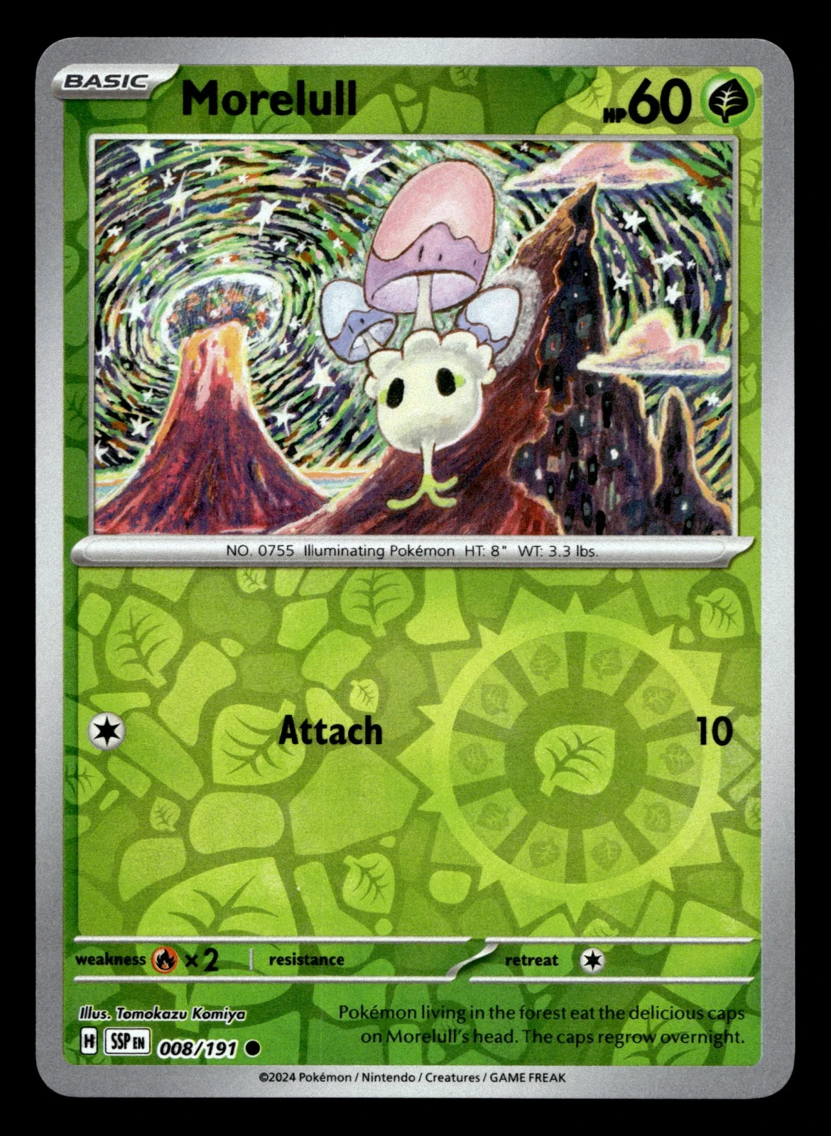 Voorkant Morelull 8/191 uit Surging Sparks Common Near Mint conditie Pokémon kaart productfoto