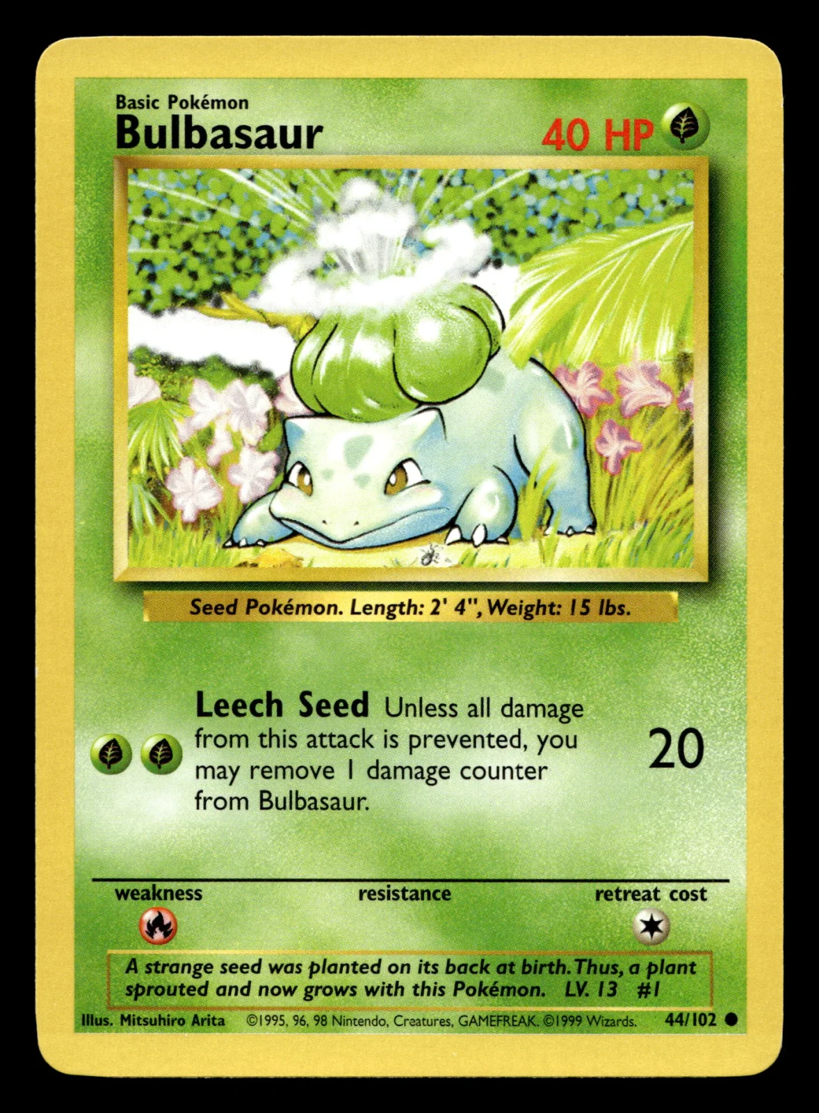 Voorkant Bulbasaur 44/102 uit Base Set Common Excellent + conditie Pokémon kaart productfoto EX+ 1