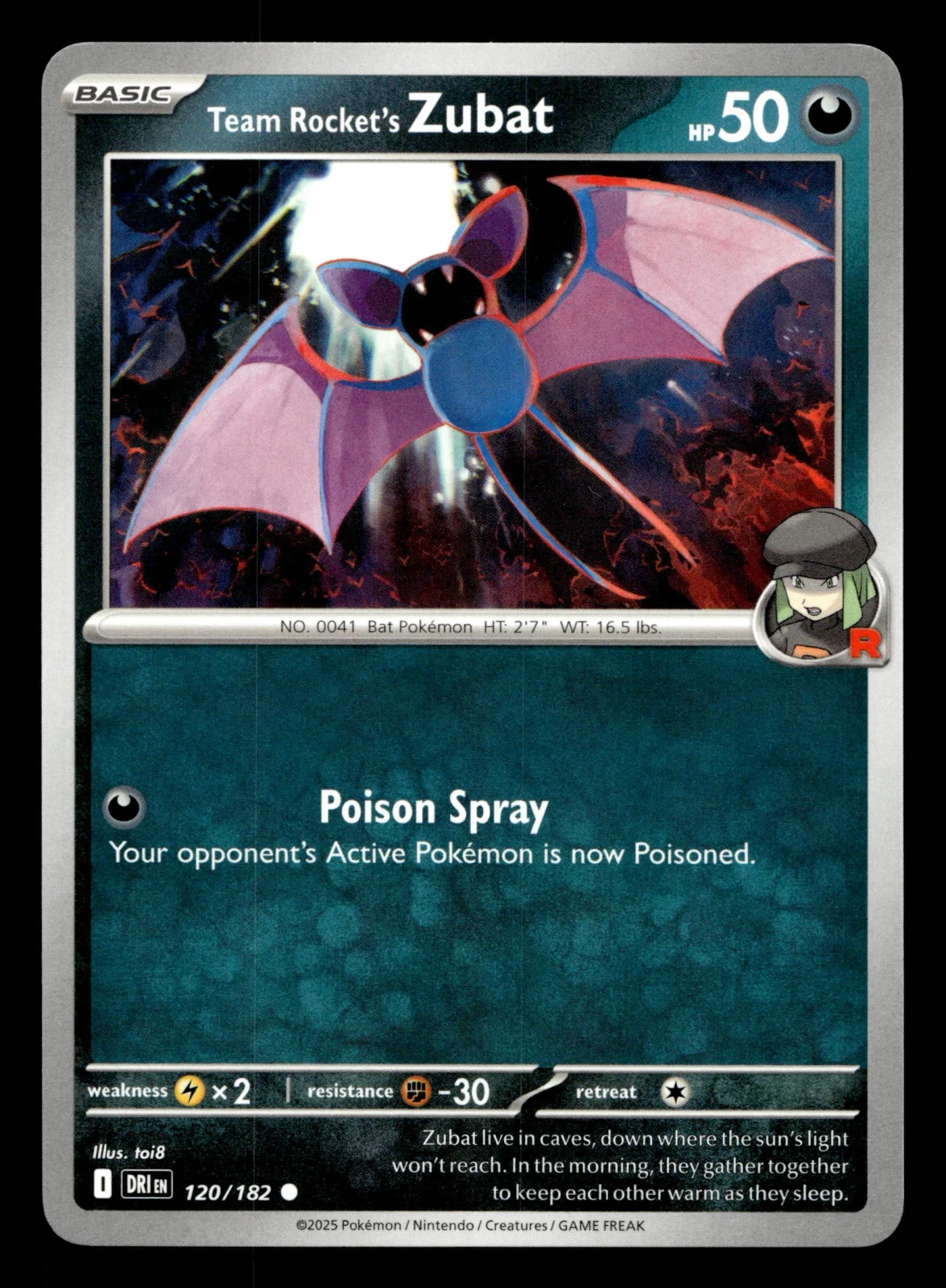 Voorkant Team Rocket's Zubat 120/182 uit Destined Rivals Common Near Mint conditie Pokémon kaart productfoto