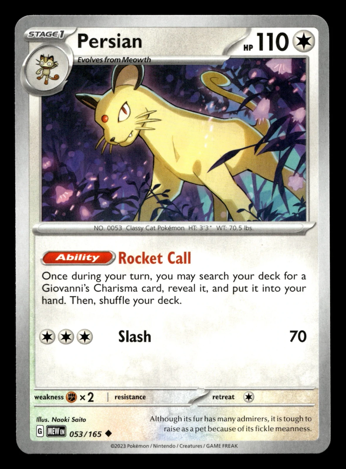 Voorkant Persian 53/165 uit 151 Uncommon Near Mint conditie Pokémon kaart productfoto