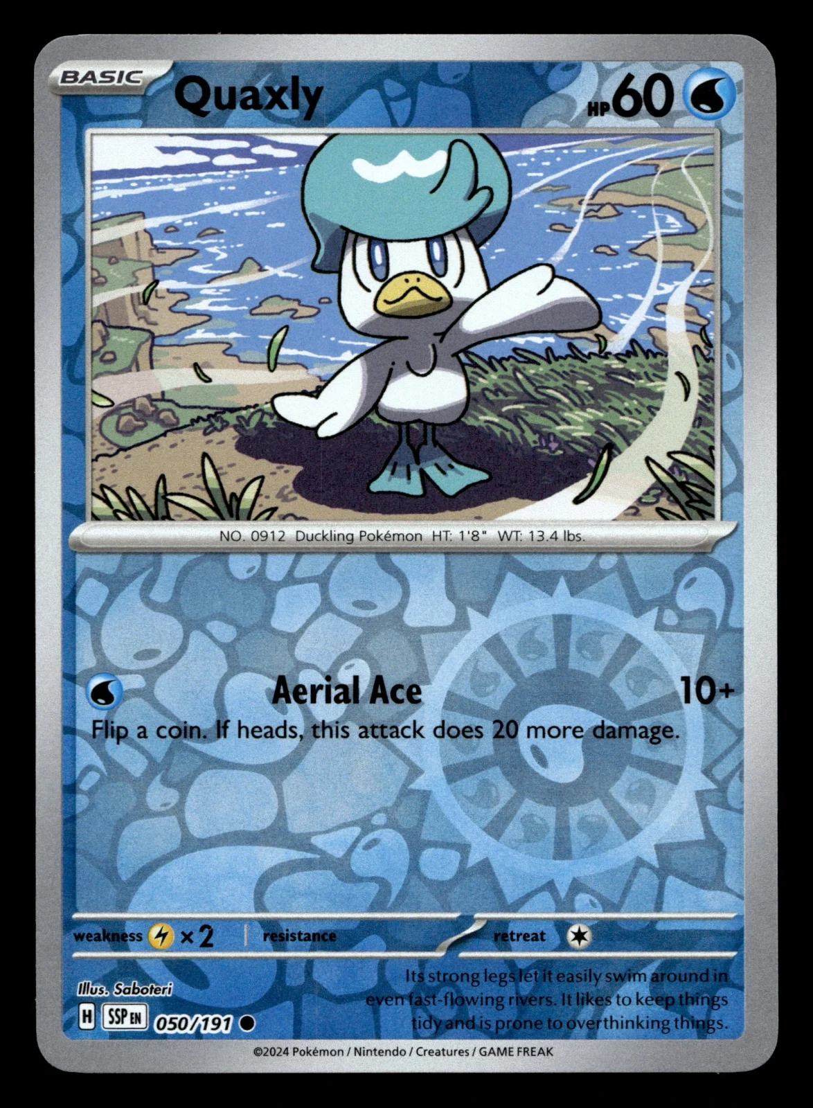 Voorkant Quaxly 50/191 uit Surging Sparks Common Near Mint conditie Pokémon kaart productfoto