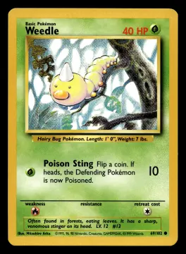 Voorkant Weedle 69/102 uit Base Set Common Excellent + conditie Pokémon kaart productfoto EX+ 1/4