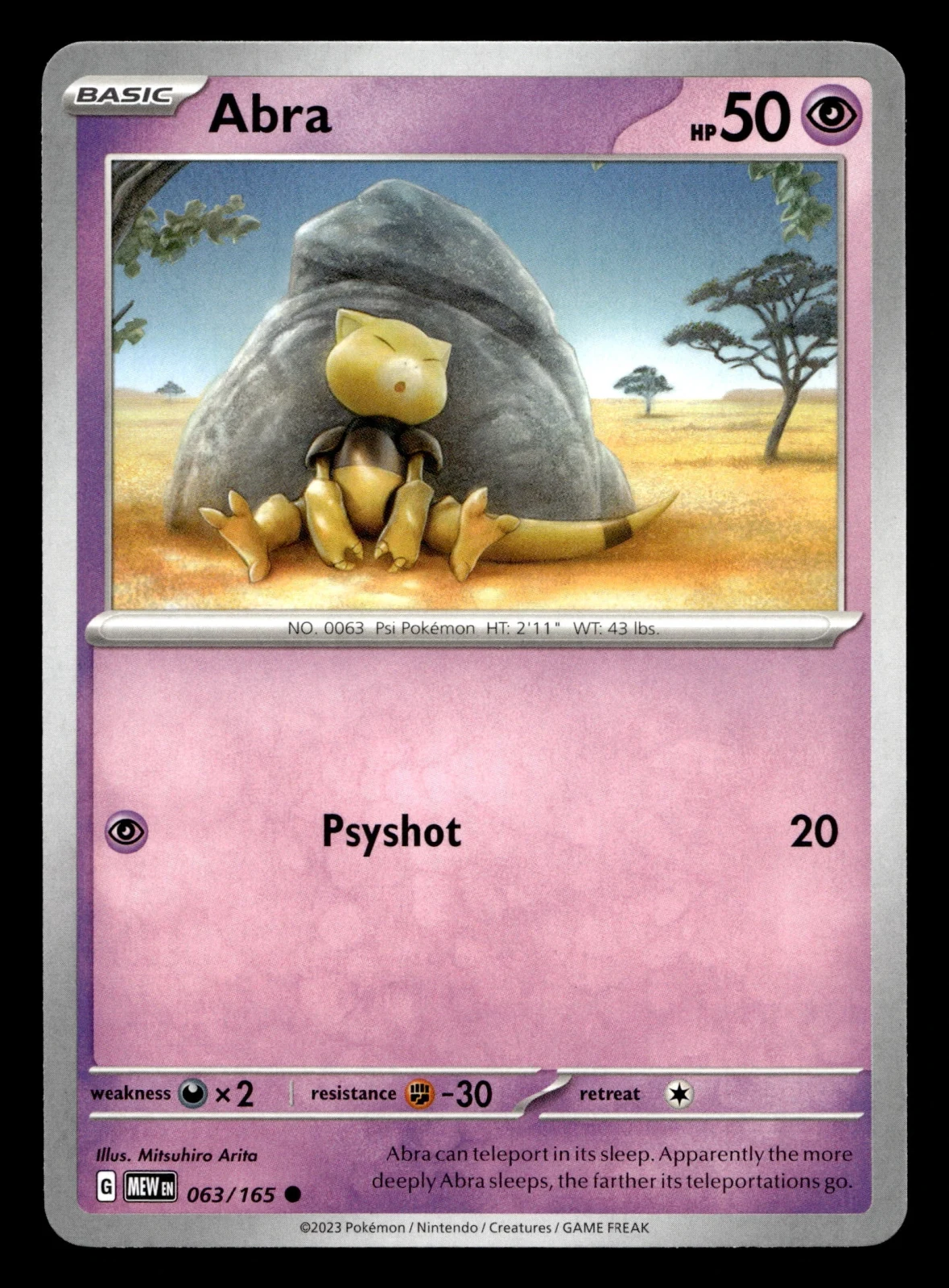 Voorkant Abra 63/165 uit 151 Common Near Mint conditie Pokémon kaart productfoto
