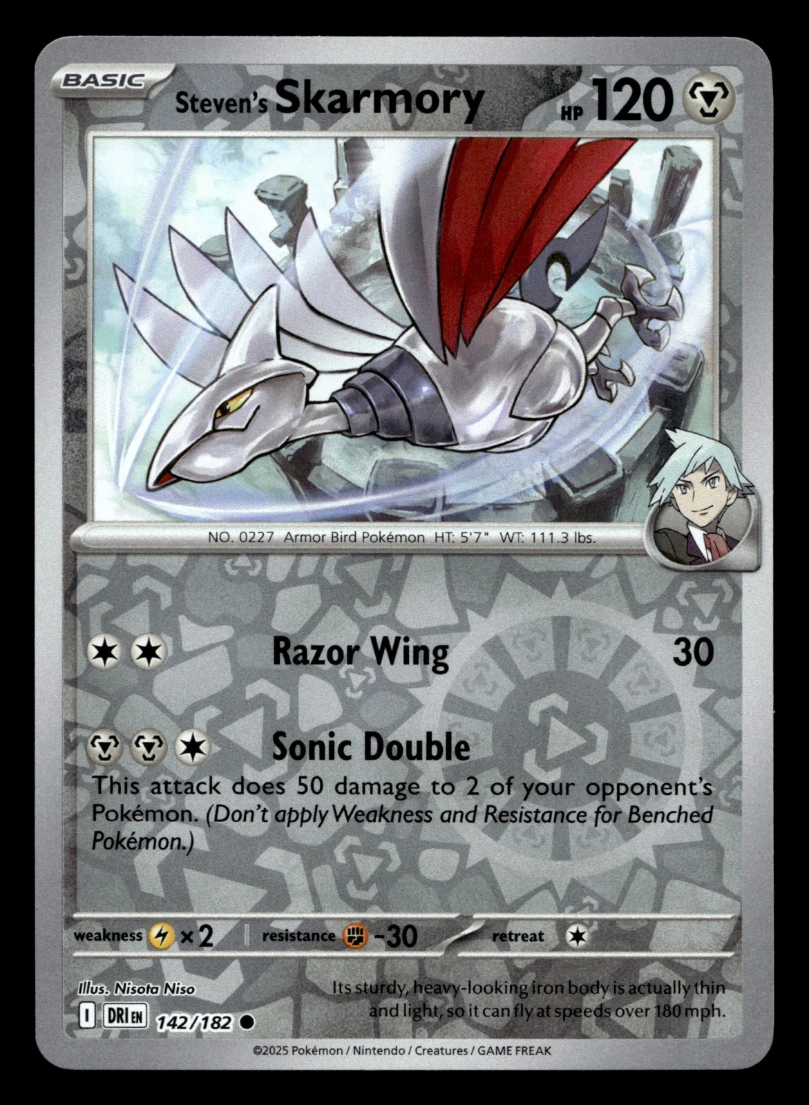 Voorkant Steven's Skarmory 142/182 uit Destined Rivals Common Near Mint conditie Pokémon kaart productfoto