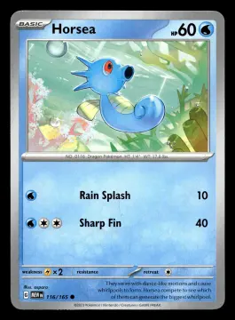 Voorkant Horsea 116/165 uit 151 Common Near Mint conditie Pokémon kaart productfoto