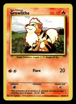 Voorkant Growlithe 28/102 uit Base Set Uncommon Near Mint - conditie Pokémon kaart productfoto NM- 2/2