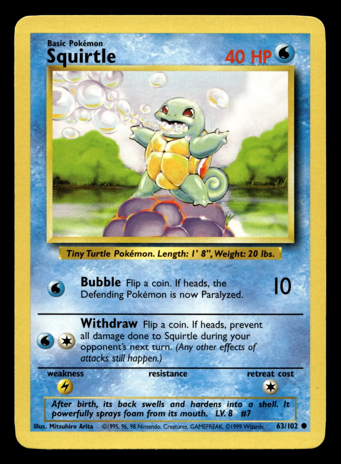 Voorkant Squirtle 63/102 uit Base Set Common Excellent + conditie Pokémon kaart productfoto EX+ 1/2