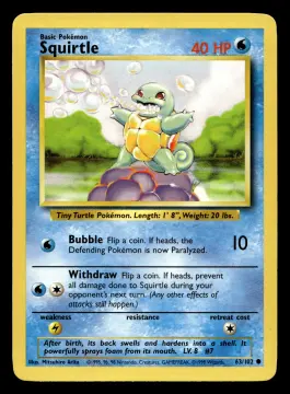 Voorkant Squirtle 63/102 uit Base Set Common Excellent + conditie Pokémon kaart productfoto EX+ 1/2