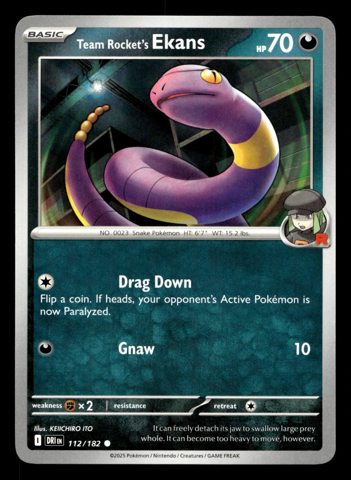 Voorkant Team Rocket's Ekans 112/182 uit Destined Rivals Common Near Mint conditie Pokémon kaart productfoto