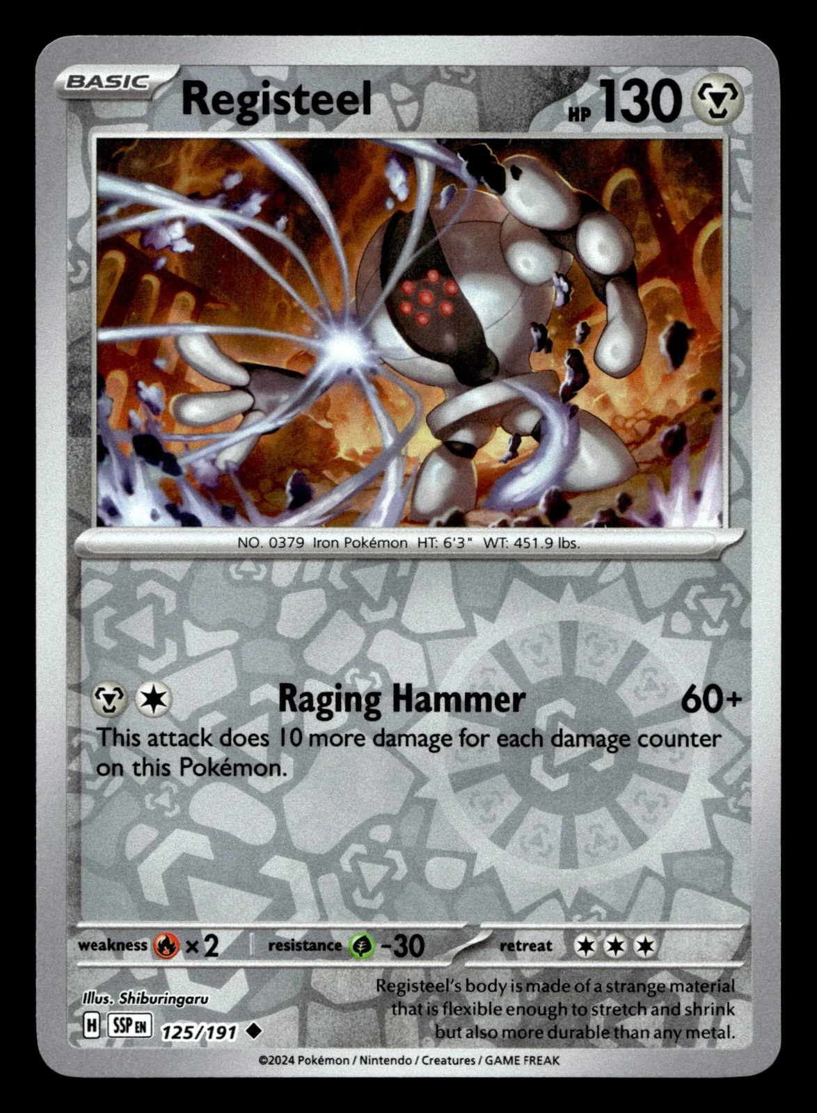 Voorkant Registeel 125/191 uit Surging Sparks Uncommon Near Mint conditie Pokémon kaart productfoto