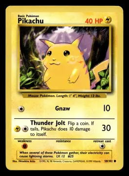 Voorkant Pikachu 58/102 uit Base Set Common Excellent + conditie Pokémon kaart productfoto EX+ 1/3