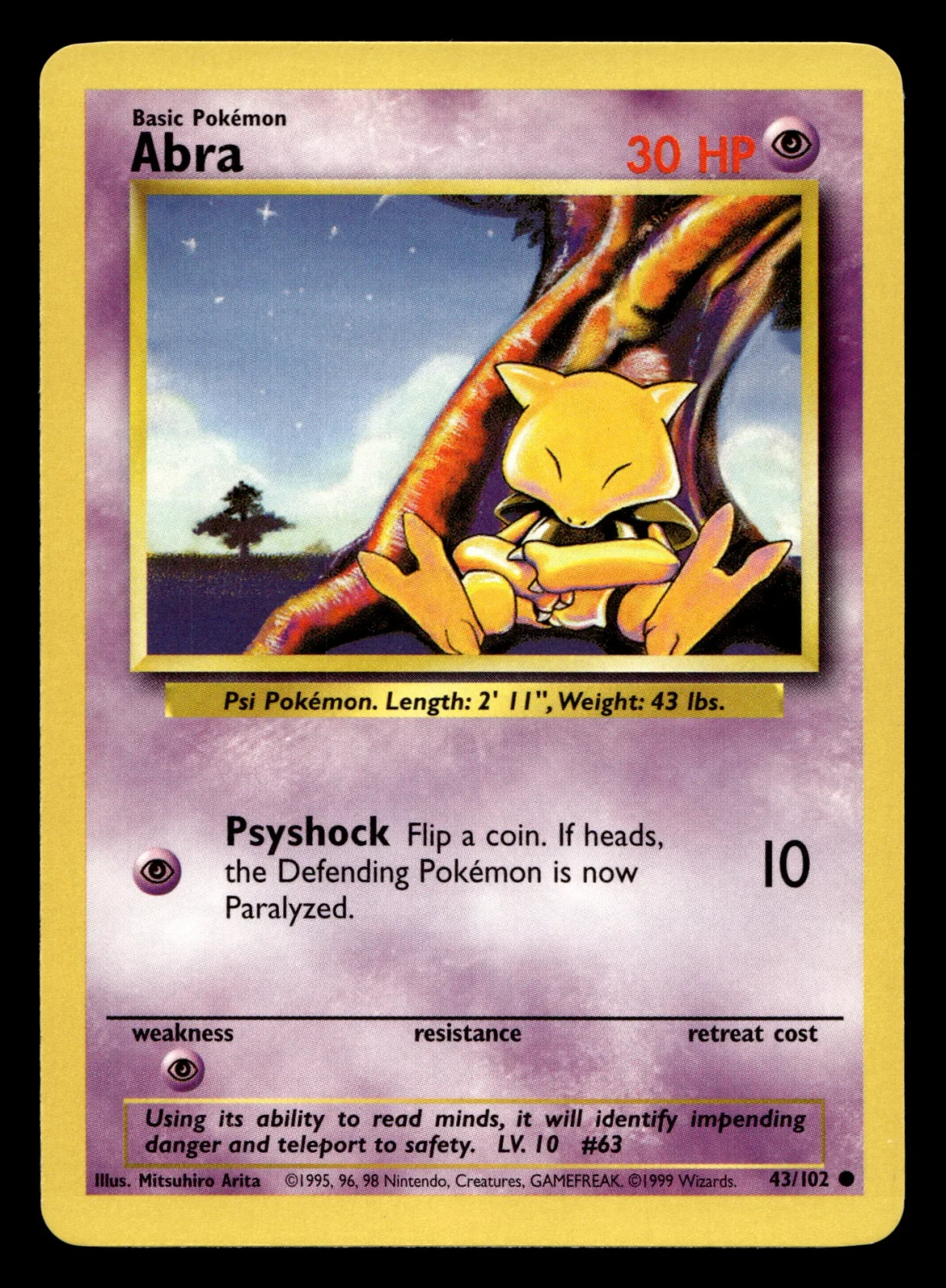 Voorkant Abra 43/102 uit Base Set Common Near Mint conditie Pokémon kaart productfoto NM 1
