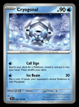 Voorkant Cryogonal 47/191 uit Surging Sparks Common Near Mint conditie Pokémon kaart productfoto