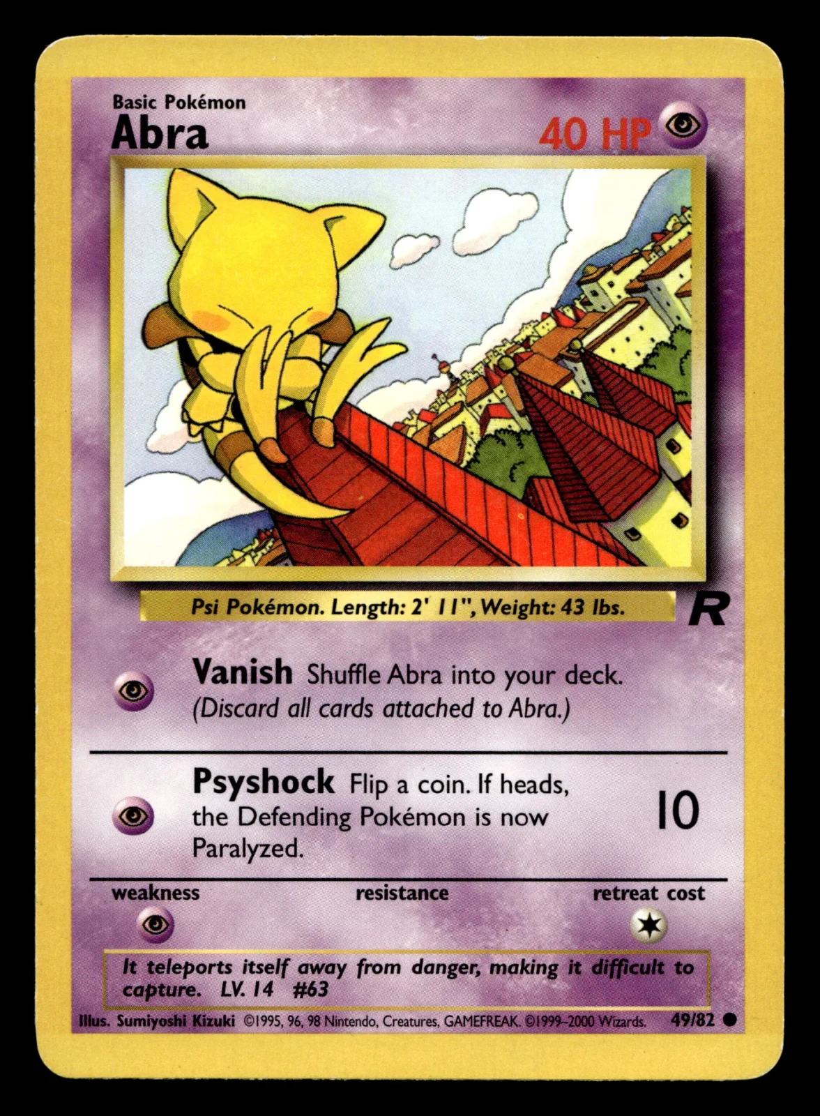 Voorkant Abra 49/82 uit Team Rocket Common Good conditie Pokémon kaart productfoto