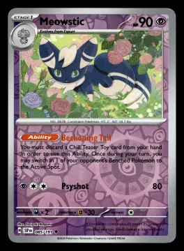 Voorkant Meowstic 85/191 uit Surging Sparks Uncommon Near Mint conditie Pokémon kaart productfoto