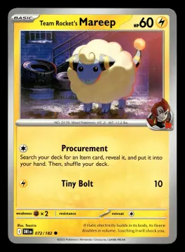 Voorkant Team Rocket's Mareep 72/182 uit Destined Rivals Common Near Mint conditie Pokémon kaart productfoto