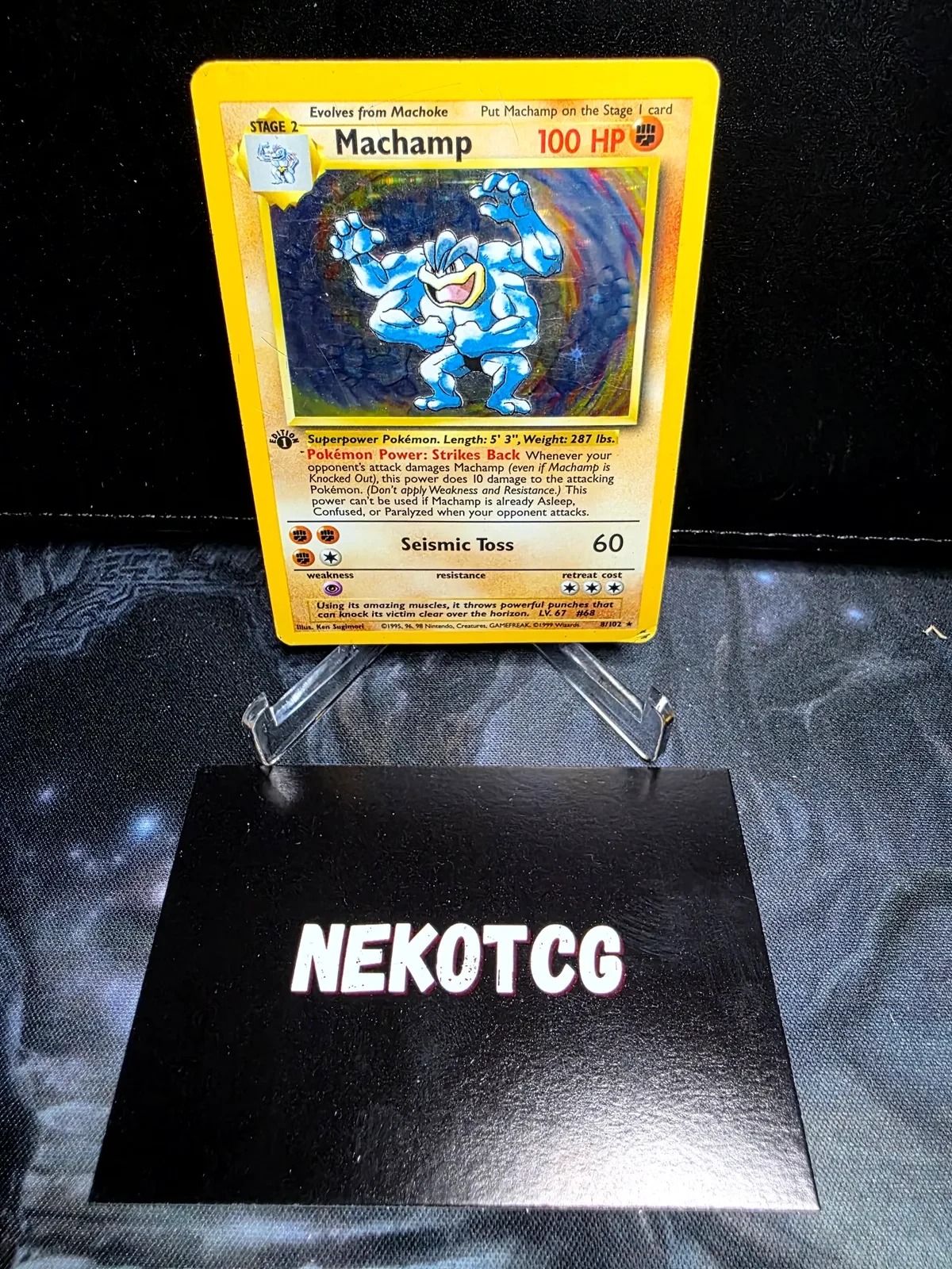 Referentieafbeelding Machamp 8/102 uit Base Set Rare Holo Played conditie Pokémon kaart productfoto