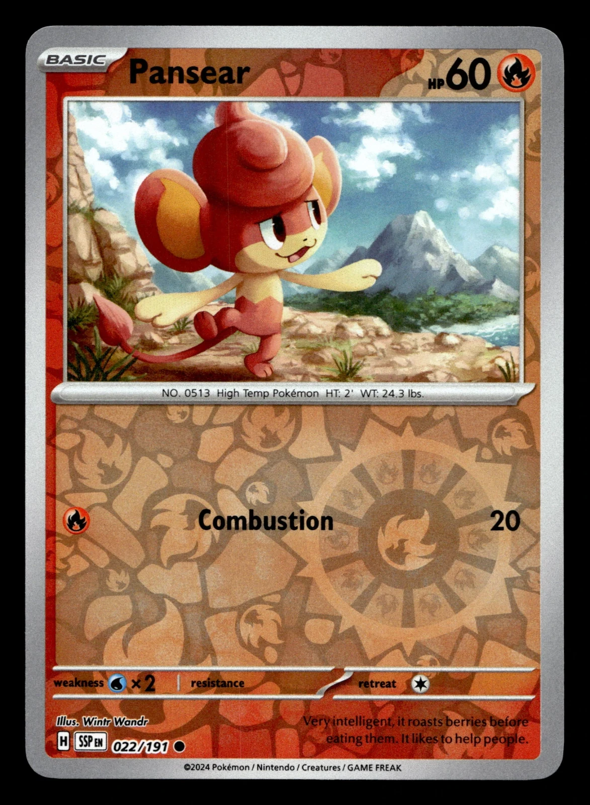 Voorkant Pansear 22/191 uit Surging Sparks Common Near Mint conditie Pokémon kaart productfoto